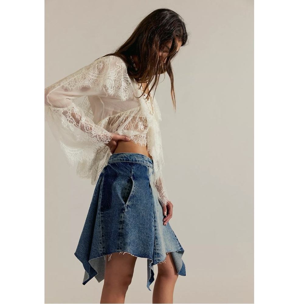 Free People Bohemian Retro 70s Festival Wild River Handkerchief Denim Skirt 28 - Picture 5 of 12